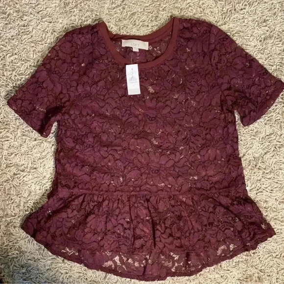 Loft Romantic Boho Business Causal Red Short Sleeve Floral Lace Women’s Top SzM - Picture 2 of 3